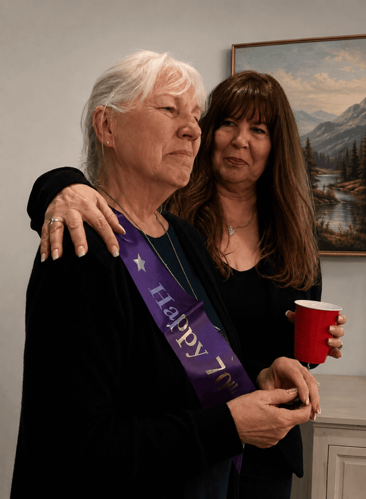 Best friends for life, now matriarchs, Gloria and Sandy on Sandy's 70th birthday, giving an emotional speech—image taken and copyrighted by Sue Evergreen.