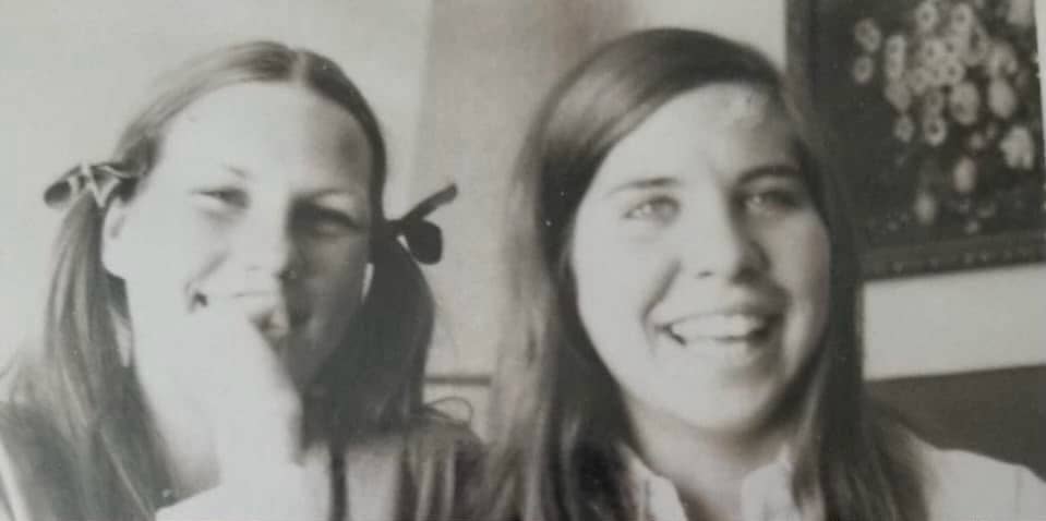 Best friends for life, now matriarchs, Gloria and Sandy as teenage girls in black and white—image taken and copyrighted by Sue Evergreen.