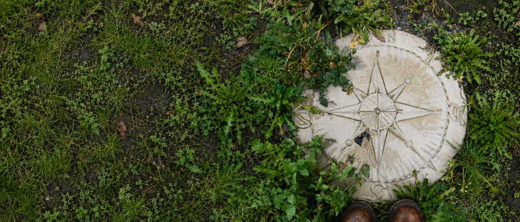 A concrete compass rose stone in Sue Evergreen's garden. Photo taken and copyrighted by Sue Evergreen.