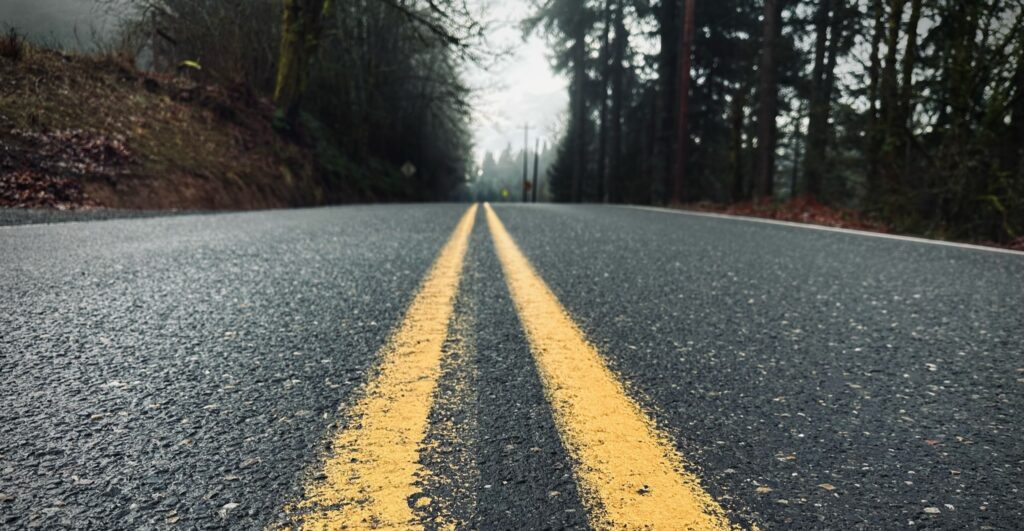 Looking down at the solid yellow lines on a road, with trees and mist in the background—photo taken and copyrighted by Sue Evergreen.