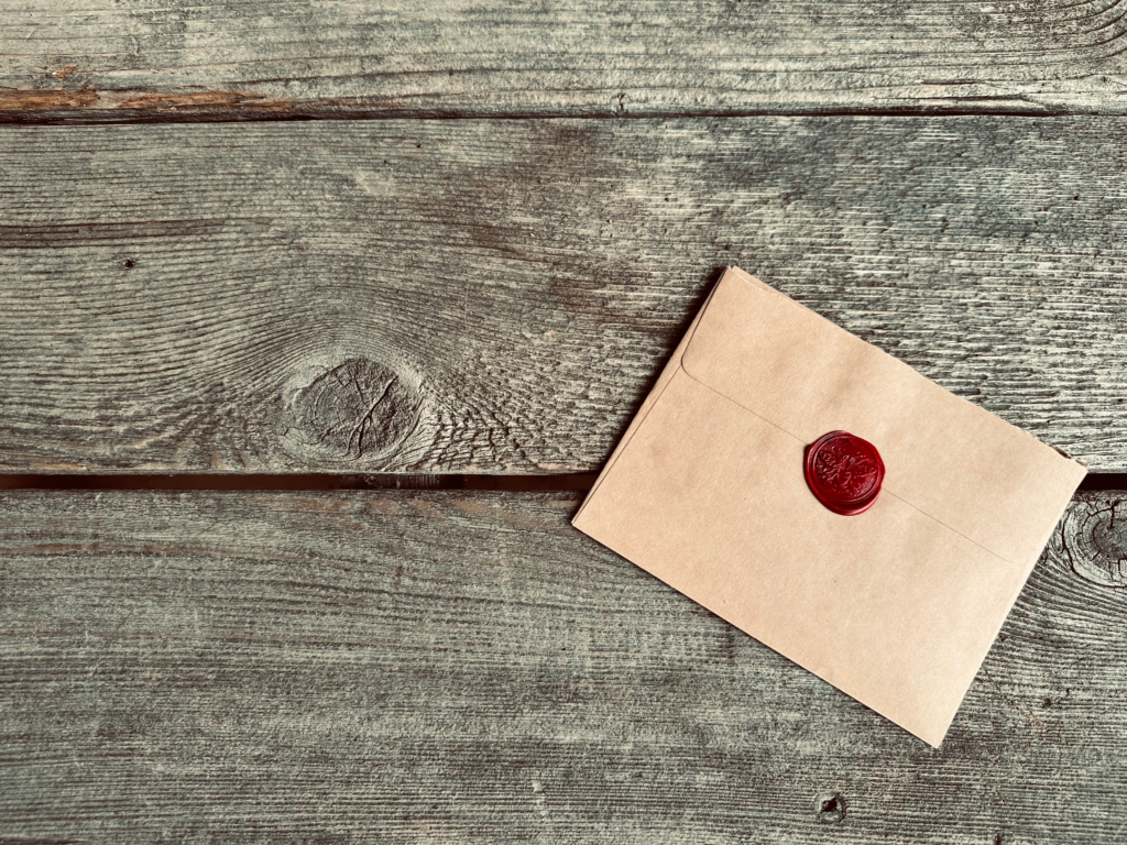 A brown old-fashioned envelope with a honeybee in a red wax seal. Photo taken and copyrighted by Sue Evergreen.