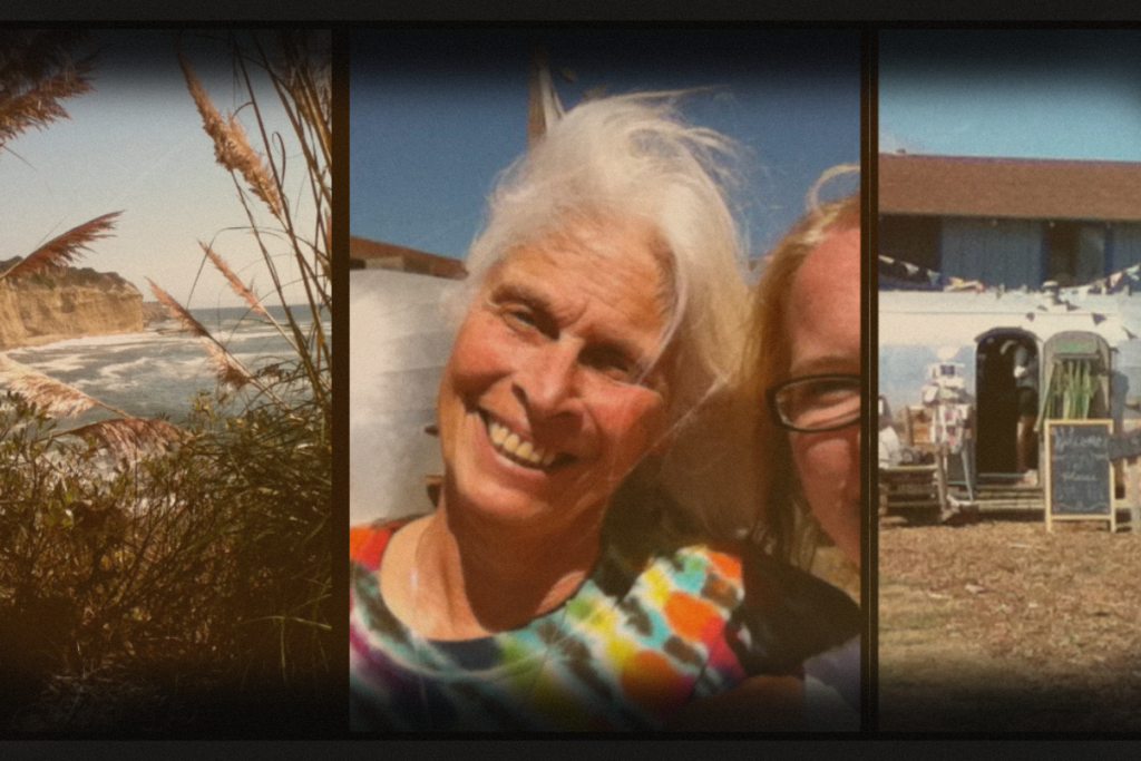 A collage of Sue and her friend in a tie-dye shirt, the Santa Cruz Coast, and a farmer's produce stand—photo taken and copyrighted by Sue Evergreen.