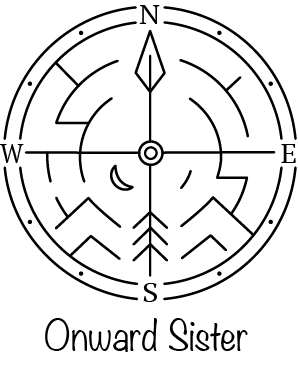 Onward Sister Logo: a Compass with a labyrinth-like look inside, and text underneath. TM Onward Sister