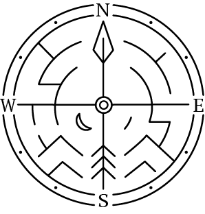 Onward Sister logo of a compass design within a circle, with the letters "N", "E", "S", and "W" at the cardinal points. The interior contains a maze-like pattern, stylized mountains, and a crescent moon. The north pointer is an arrow, and the south pointer is stylized to resemble a tree. Trademark pending.