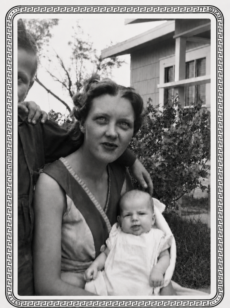 A black-and-white photo of Sandra as a baby, held by her mother, our missed matriarch.