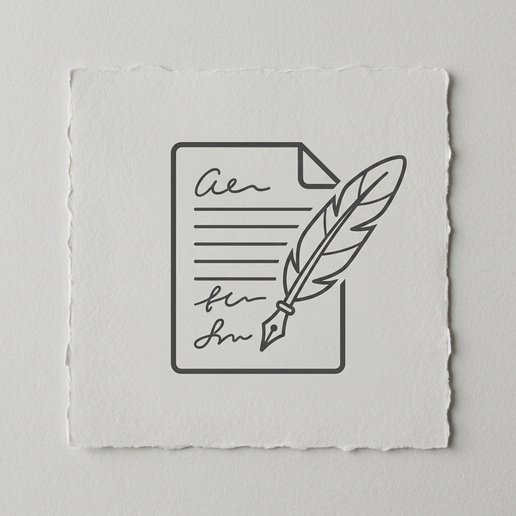 A black and white quill pen and paper icon.
