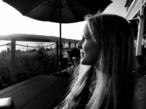 A black and white side portrait of Sue Evergreen. Copyrighted by Sue Evergreen.
