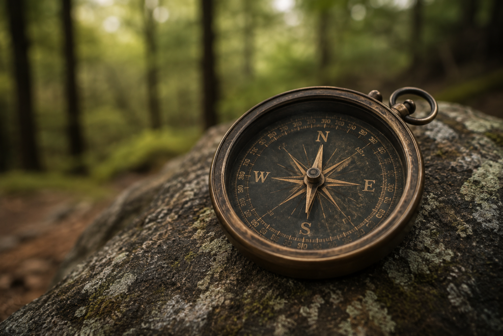 A vintage compass pointing North sitting on a rock in the forest.
