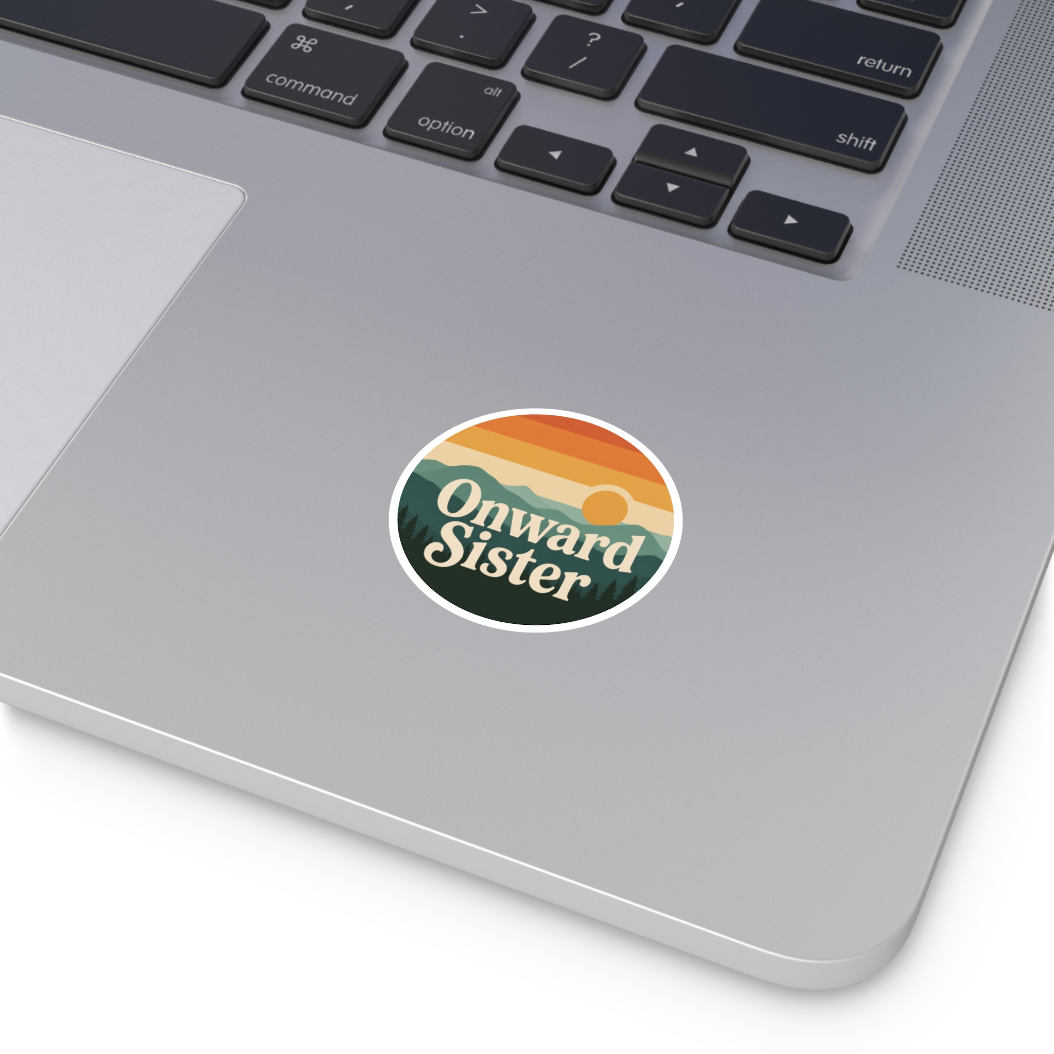 Onward Sister Logo Sticker — Retro Mountain Sunrise Vinyl Sticker (Indoor/Outdoor) - Image 2