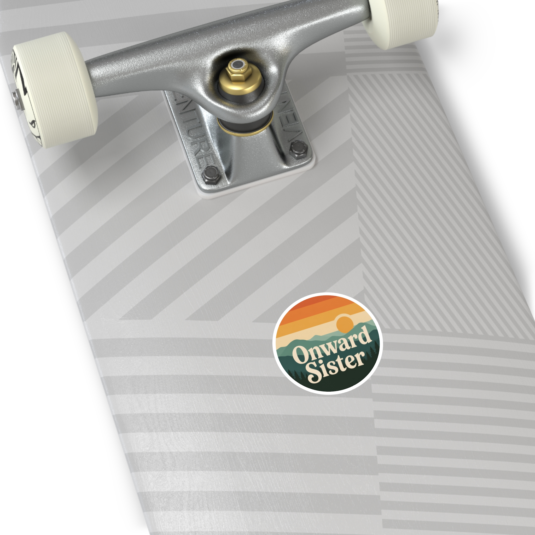 Onward Sister Logo Sticker — Retro Mountain Sunrise Vinyl Sticker (Indoor/Outdoor) - Image 3