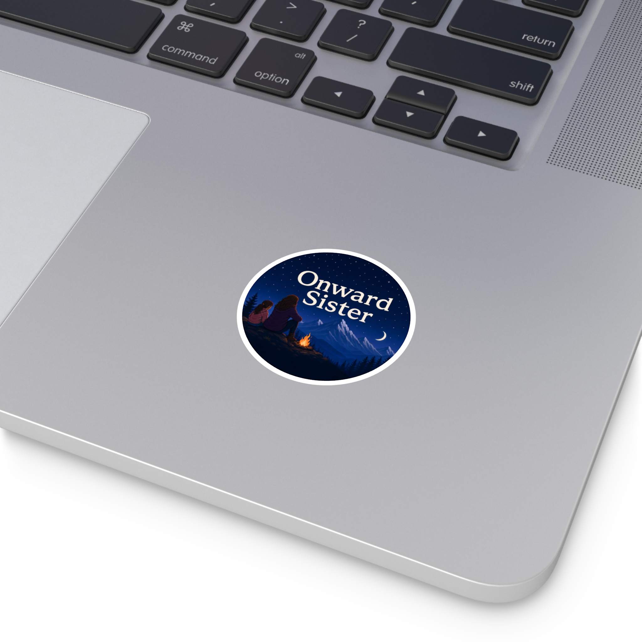 Onward Sister Round Sticker — Mountain Campfire Vinyl Decal (Indoor/Outdoor) - Image 2