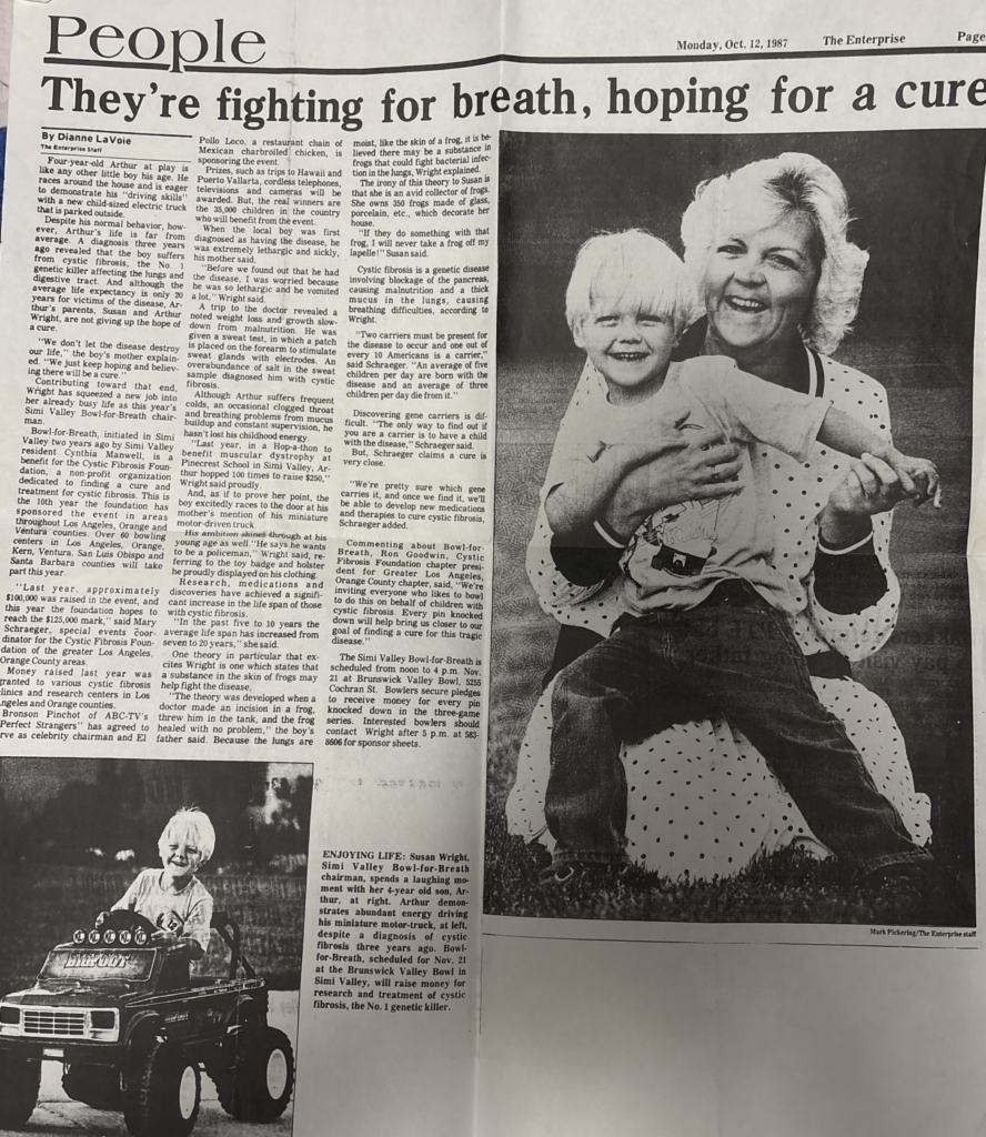 An article about cystic fibrosis featuring Suzanne and her son Art Jr. Permission to use given to Onward Sister by Suzanne Wright.
