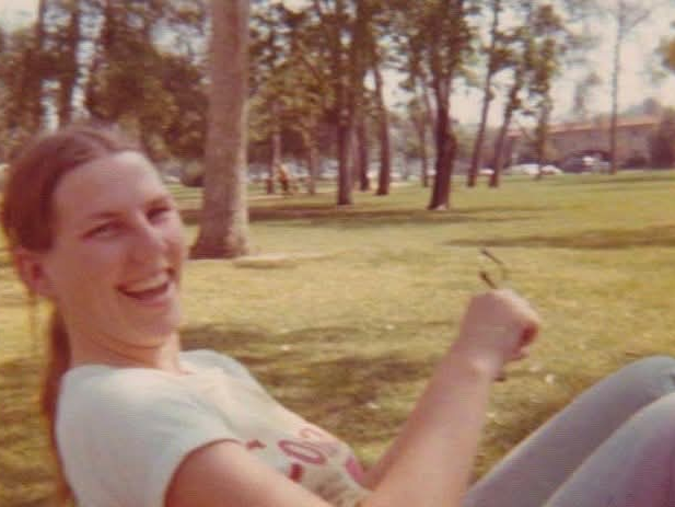 A photo of Sandra from the 1970s sitting in a lawn chair in a park. Image permission given by Sandra to Onward Sister.