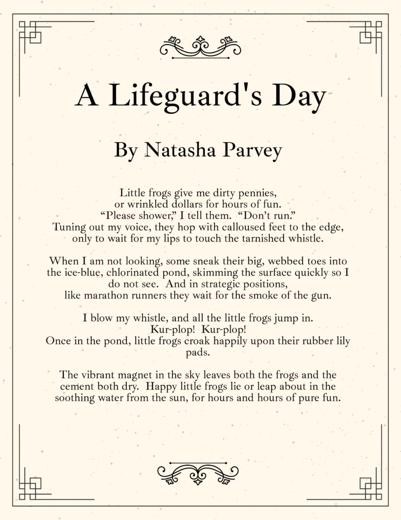 An image of the formatted poem 'A Lifeguard's Day' by Natasha Parvey. Accessible full text available through the link in the image caption. Permission to use it was granted by Onward Sister, Natasha Parvey.