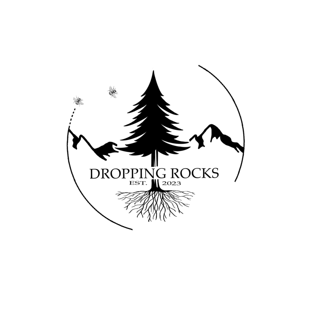 The Dropping Rocks logo features an evergreen tree with roots, mountains and bees in the background and the words 'Dropping Rocks' in front. Copyright Dropping Rocks, LLC.