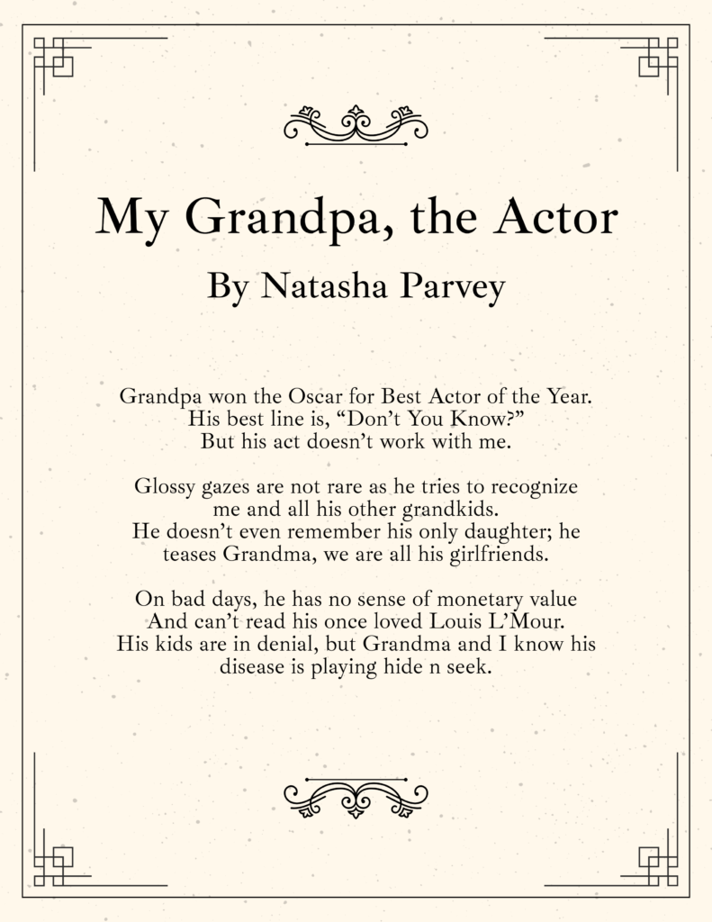 An image of the formatted poem 'My Grandpa, the Actor' by Natasha Parvey. Accessible full text available through the link in the image caption. Permission to use it was granted by Onward Sister, Natasha Parvey.