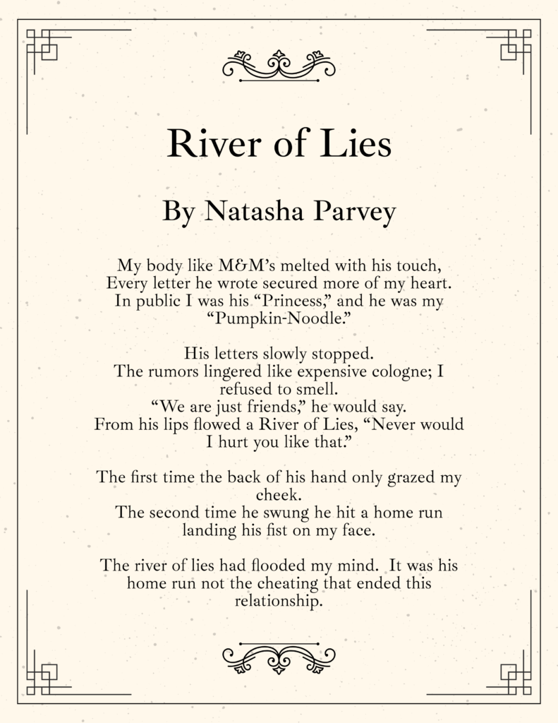 An image of the formatted poem 'River of Lies' by Natasha Parvey. Accessible full text available through the link in the image caption. Permission to use it was granted by Onward Sister, Natasha Parvey.