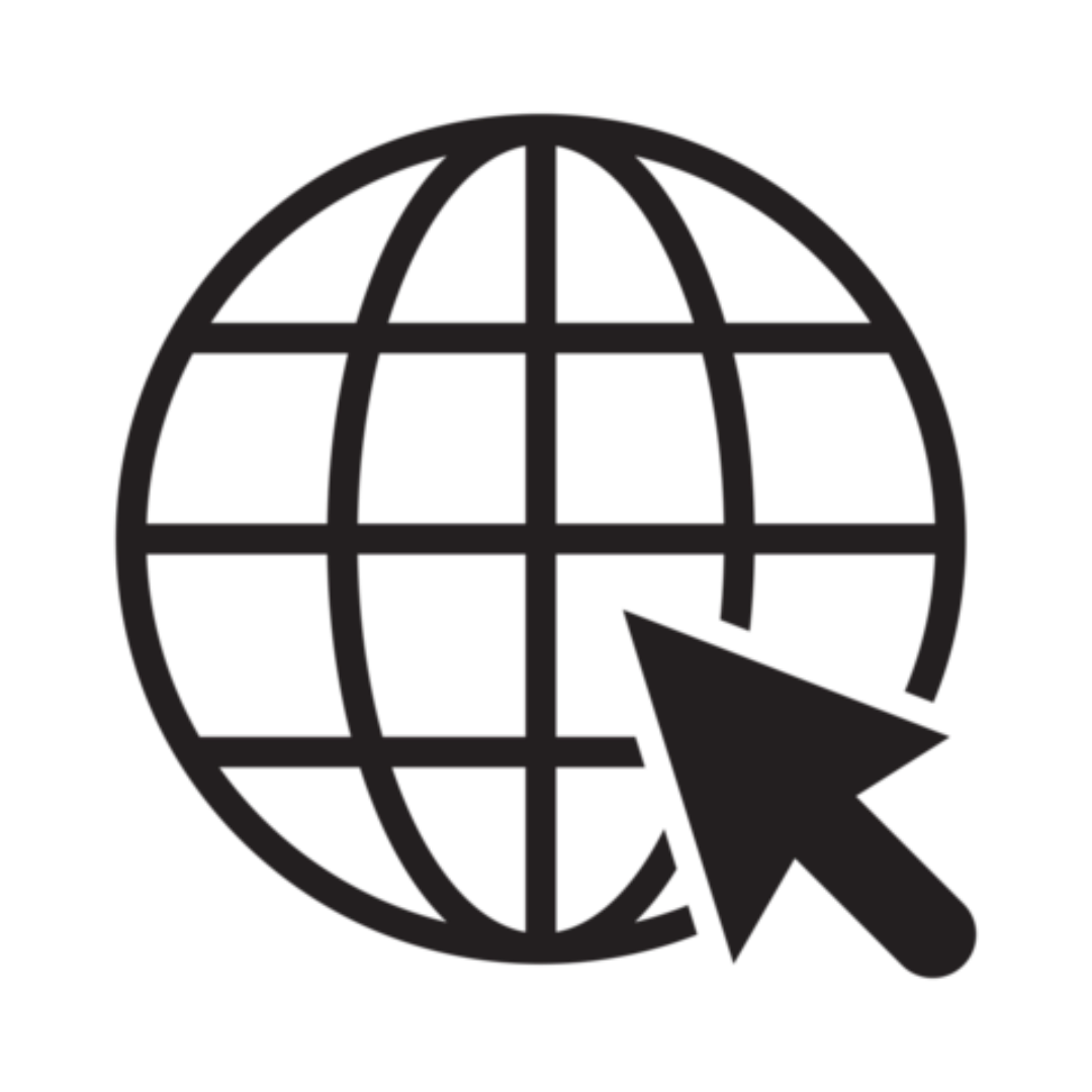 World Wide Web icon of a grid lined transparent globe with a "click" arrow over it. Royalty-free for commercial use.