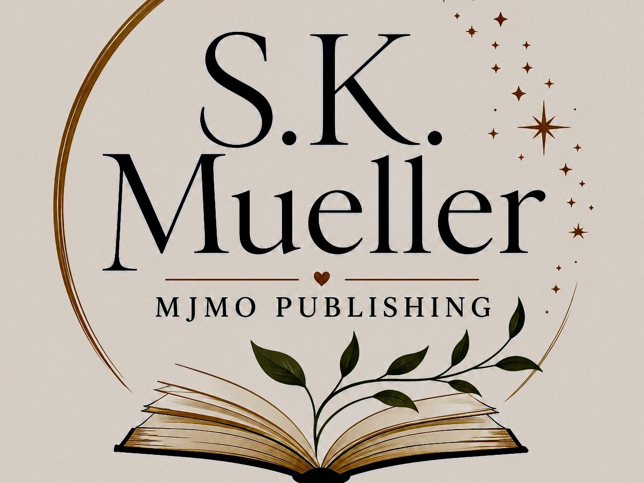 Author S.K. Mueller's website graphic logo of an open book with a vine growing out of it an a semi circle of stars circling her author name above it. Photo copyright: Sandi Mueller. Permission for use given to Onward Sister by Sandi Mueller.